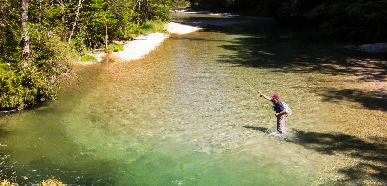 Fliegenfischen Euro Nymphing mit Fliegenrute an der Salza